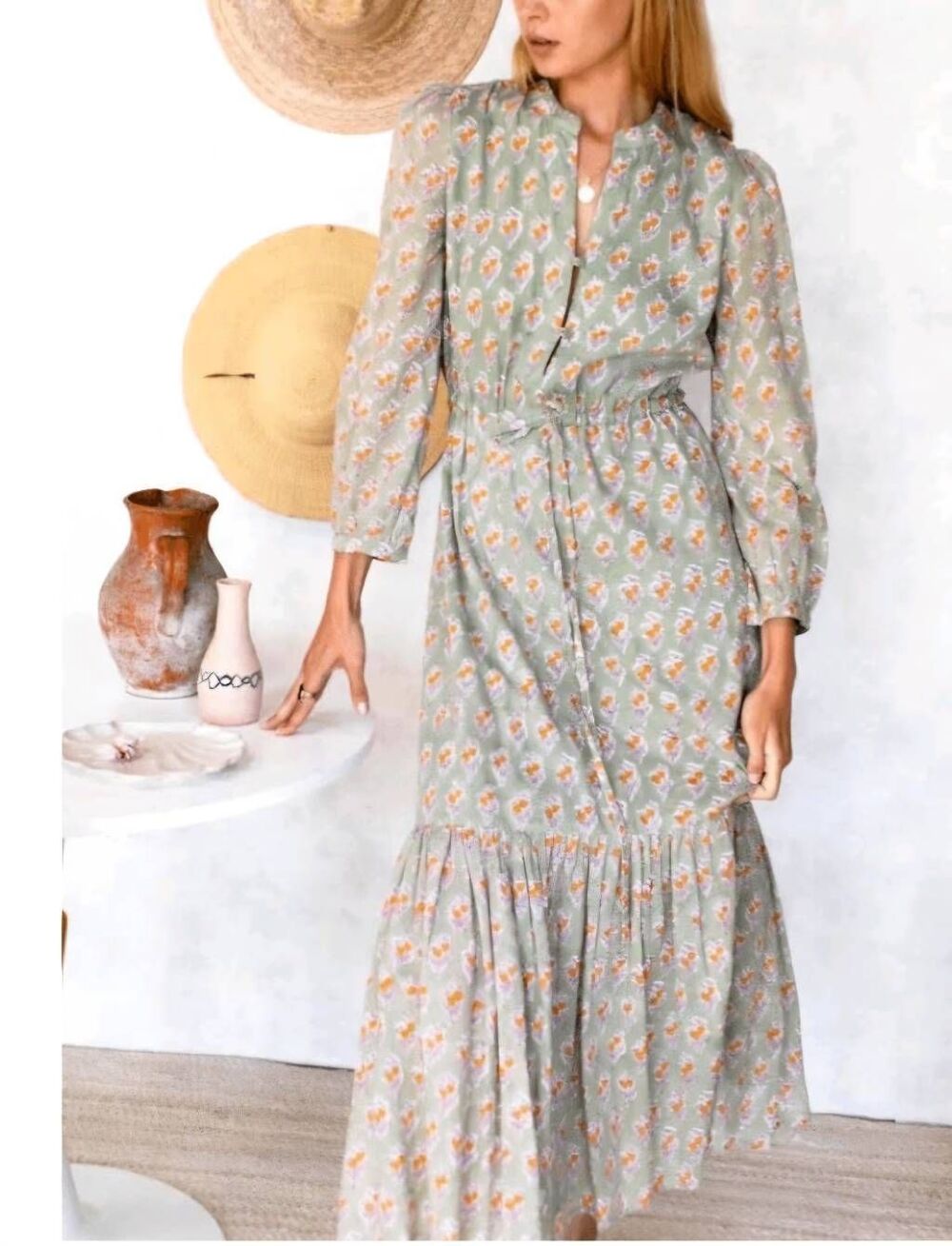 Emerson Fry Francis Maxi Dress Harper Organic Green Floral Boho sz Medium